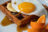 |Savory Ham and Gruyere Waffles with Clif Family Porchetta spice and fried Egg