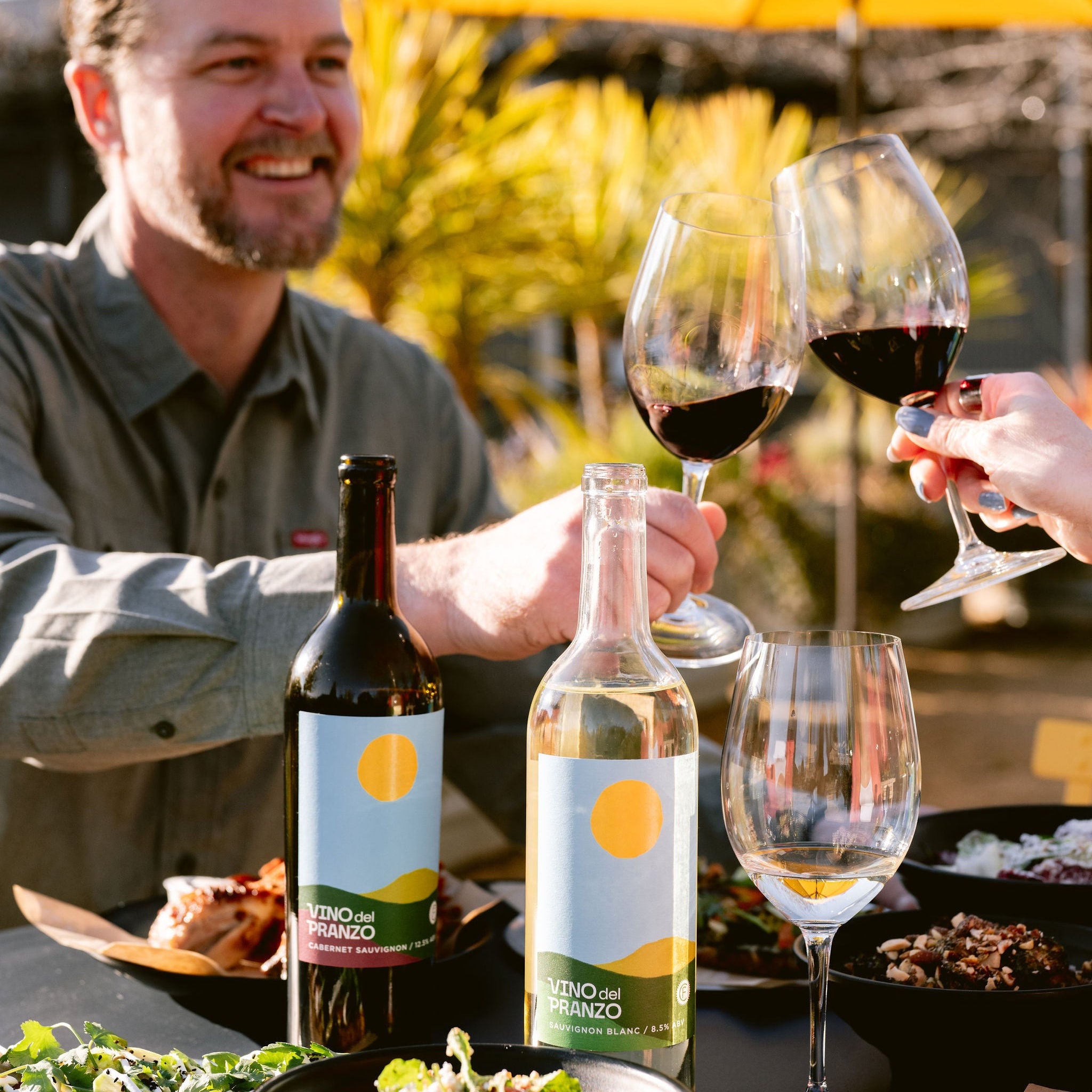 Man toasting another person with glasses of red wine