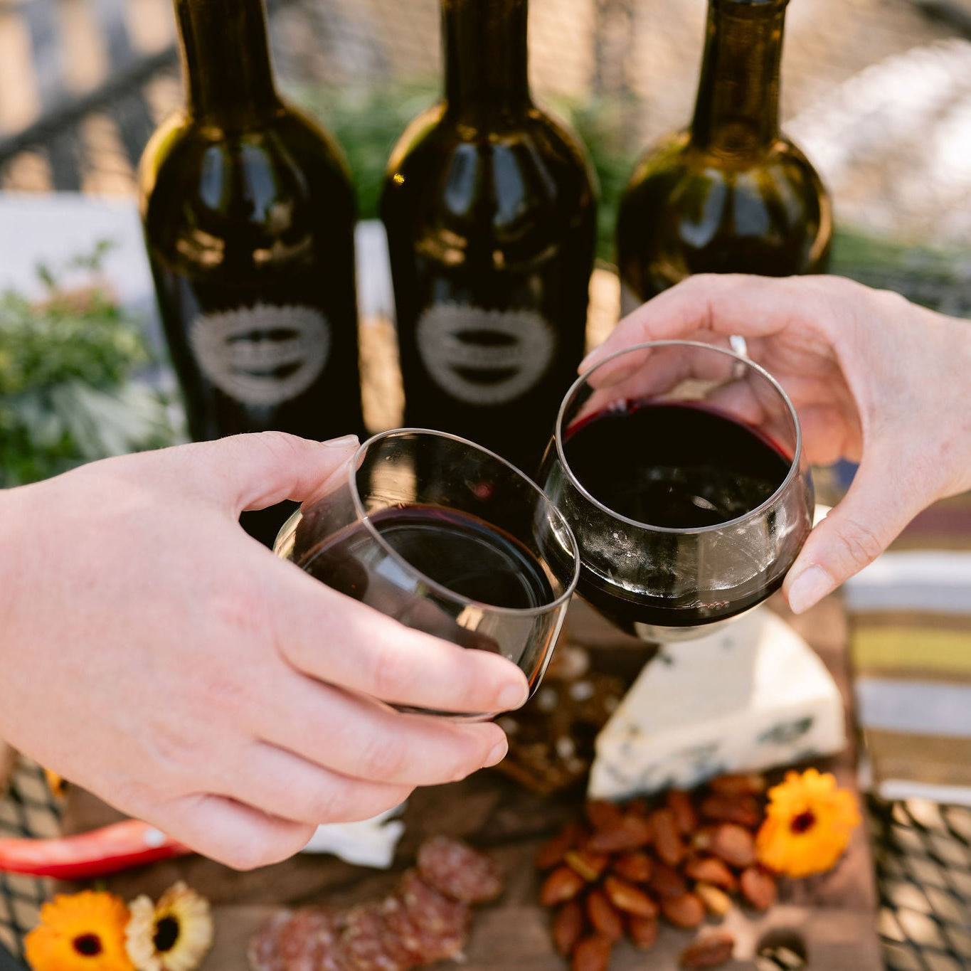 Two hands clinking glasses of red wine at an outdoor picnic table, with wine bottles, cheese, crackers, and flowers in the background.